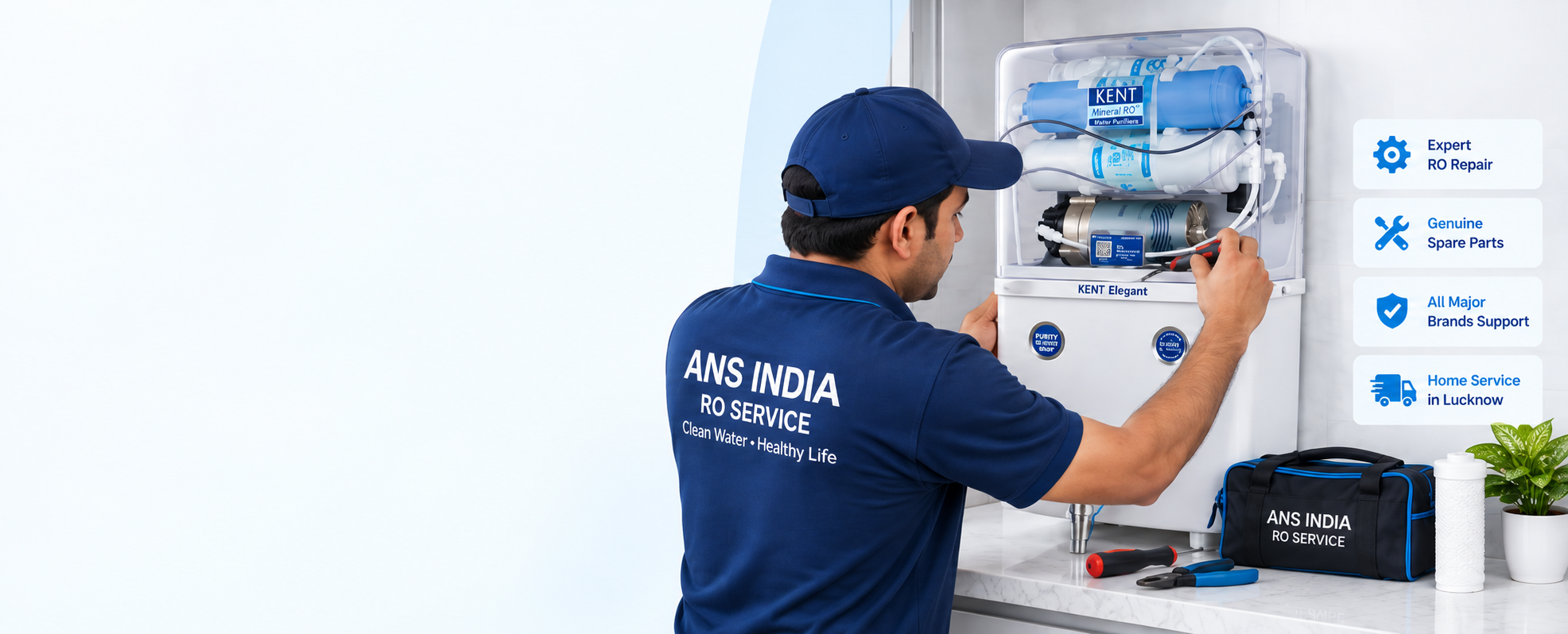 RO repair technician servicing a water purifier in Lucknow